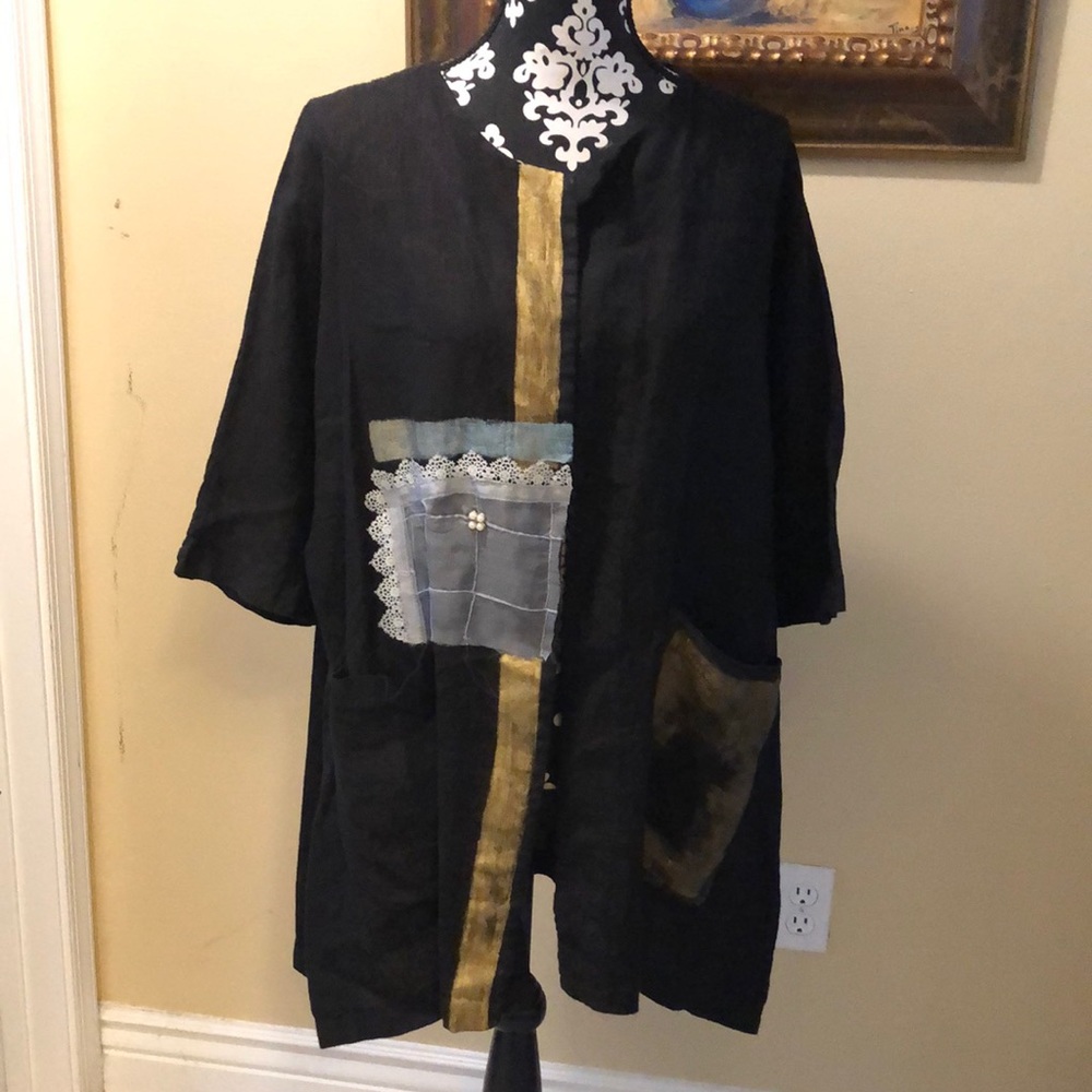 🇨🇦Saniya Khan Bohemian Handpainted Linen 3/4 sleeve open jacket with pockets